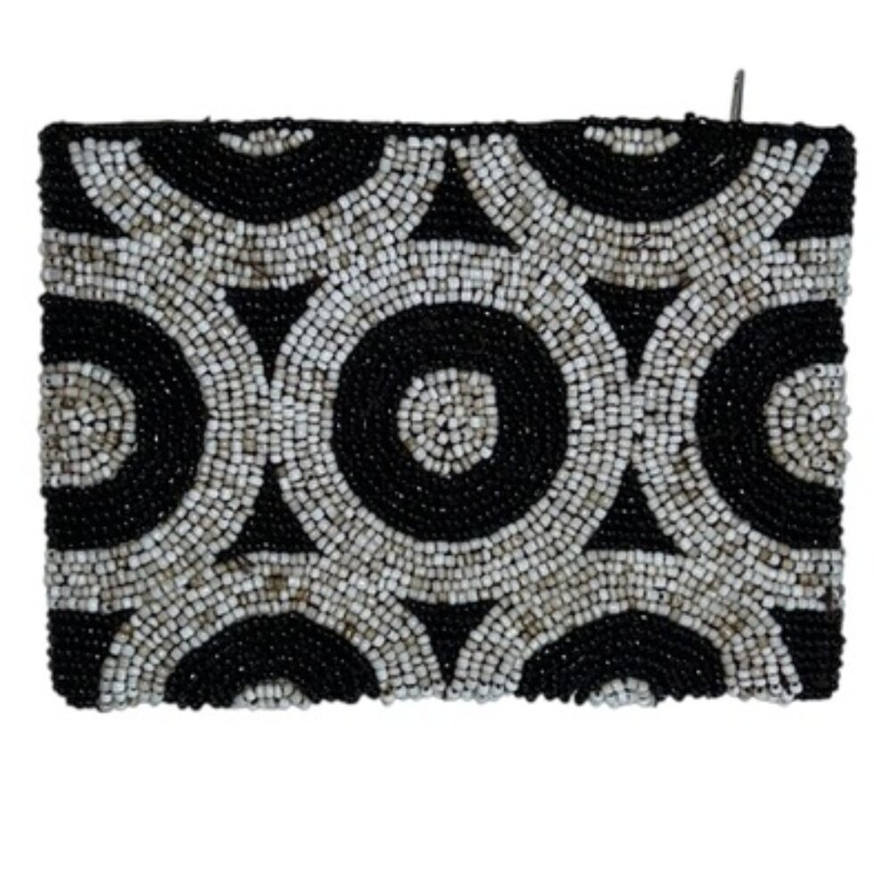 Masaai black white all hand beaded circles index card sized zip pouch